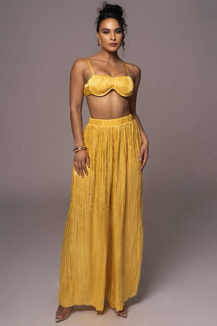 JLux Label Size XL Yellow Satin Crinkled Textured Pant Set NWT